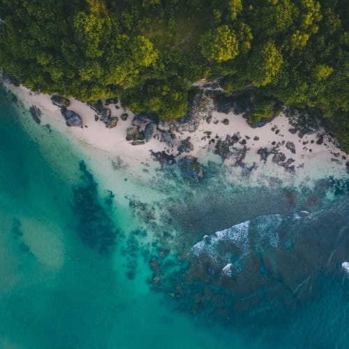 Birdseye view of rocky beach in Bali 