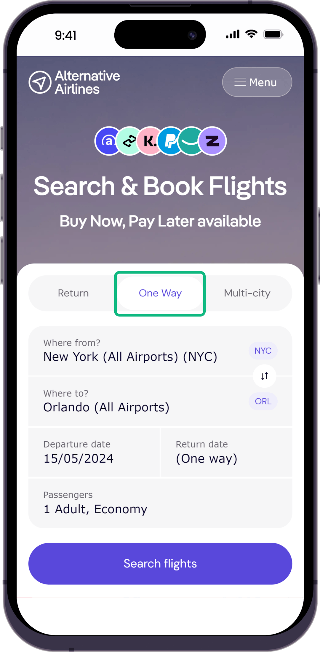 Step 1 - Select one-way option in search form