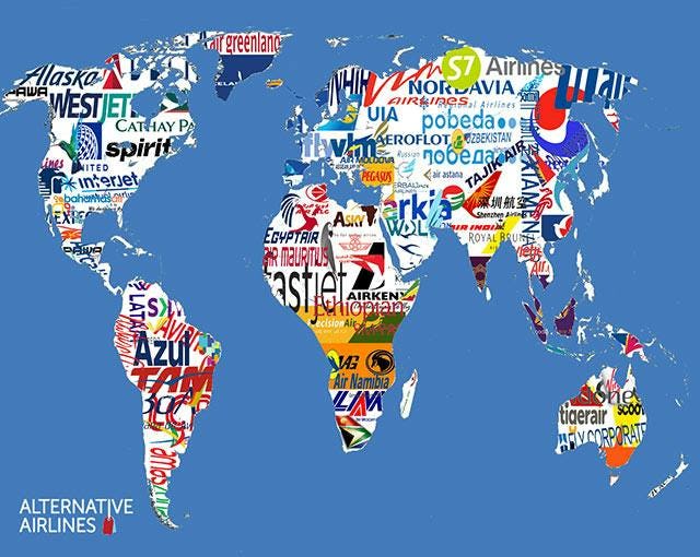 Map of the world with which airlines fly in each country
