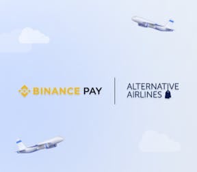 Alternative Airlines and Binance Pay logos with planes in the background