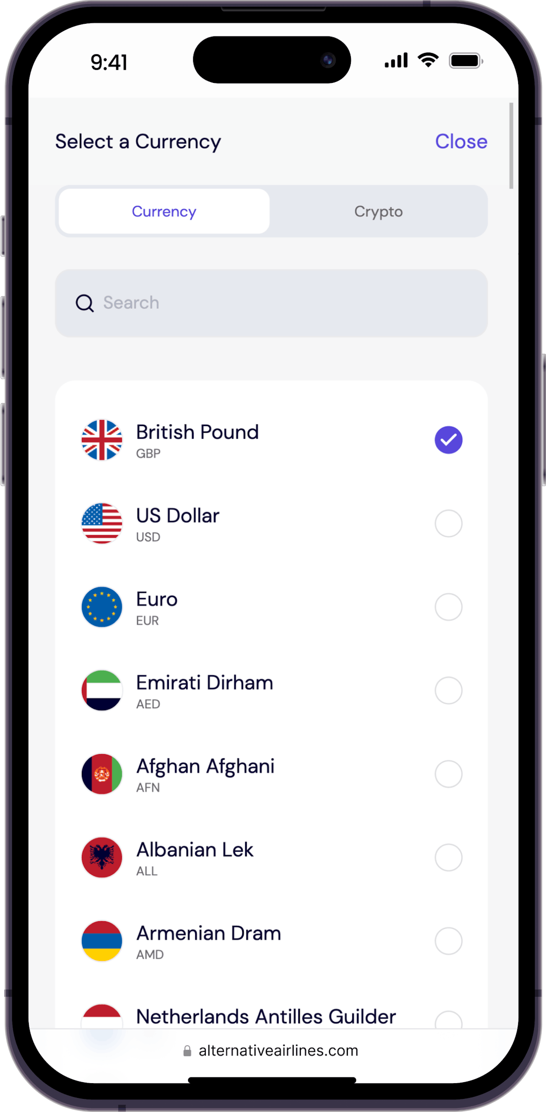 Step 3 - Type 'GBP' in the search bar to find flight in British Pounds