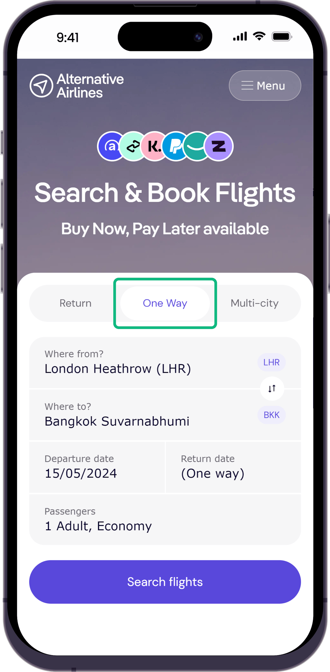 Step 1 - Select one-way flight option and search for flights