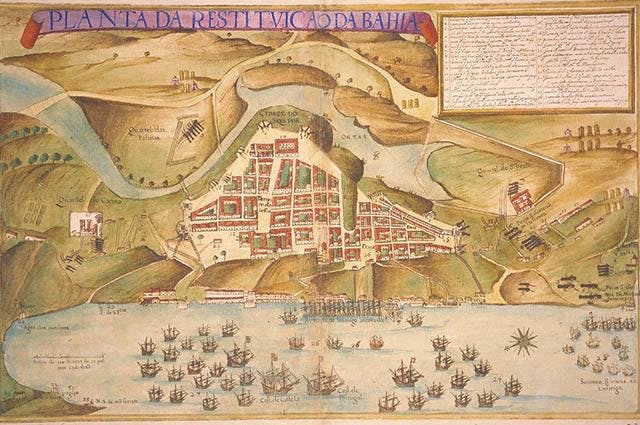 Drawing of the recapture of Bahia by the Portuguese in 1625