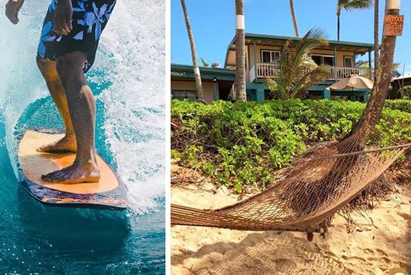 First picture is man surfing; second picture is hammock and bungalow