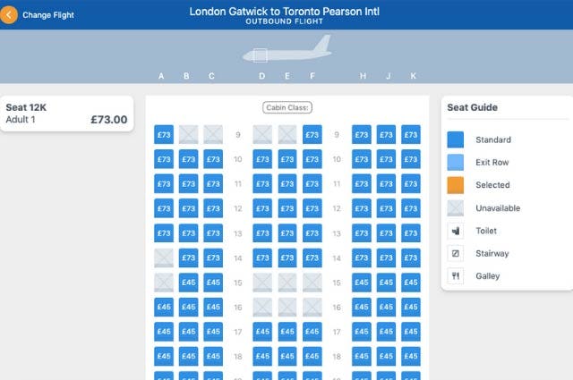 Alternative Airlines seat map display for flight from London Gatwick to Toronto Pearson