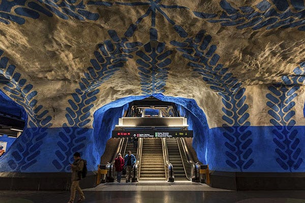 Blue and white painted  T-Centralen station on the Stockholm T-Bana