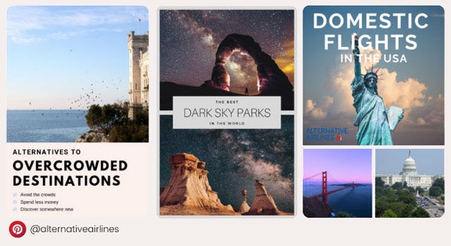 Alternative Airlines Pinterest post previews: 'Alternatives to Overcrowded Destinations', 'Best Dark Sky Parks'; and 'Domestic Flights in the USA'