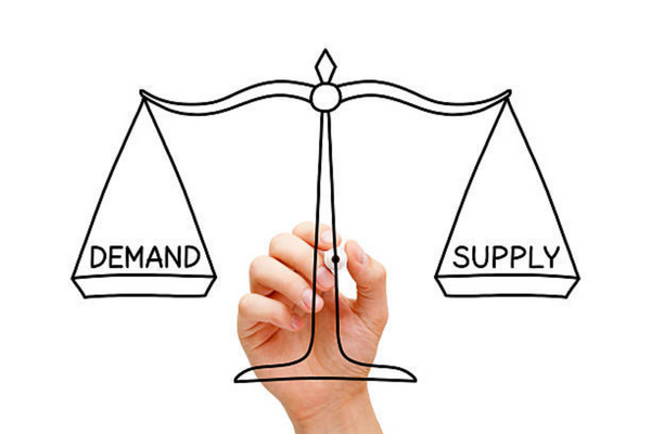 Image of a balanced scale with demand on the left and supply on the right